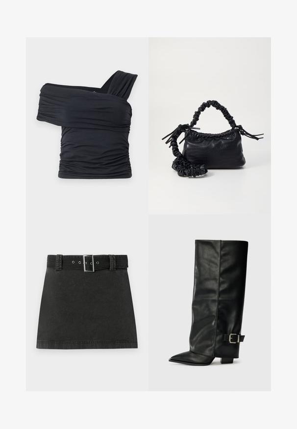 Fekete, vállnélküli felső, puha, rugalmas anyagból, fodros részletekkel és egyoldali széles pánttal.; Fekete farmer mini szoknya, megfelelő övvel, fémből készült csattal és övhurkokkal, fehér háttéren elhelyezve.; Fekete bőr bokáig érő csizmák hegyes orral, sima felülettel és ezüst csattal az oldalon. Tömbös négyzet alakú sarok.; Fekete műbőr kézi táska krokodil bőr textúrával, összehúzható tetejű és gyűrt pánttal. Lágy és kompakt dizájnúnak tűnik.