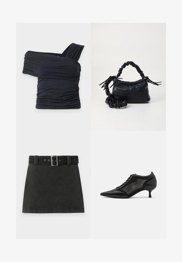 Musta olkaimeton toppi, joka on valmistettu pehmeästä ja venyvästä kankaasta, jossa on rypytysdetaljeja ja leveä olkaintyyli yhdellä puolella.; Mustat farkku-mini hame, jossa on yhteensopiva vyö, jossa metallinen solki ja vyölenkit, esillä litteänä valkoista taustaa vasten.; Mustat kärjetossut, joissa on verkkopaneeli, matala korko ja nauhanytkytys edessä. Valmistettu nahka- ja verkkokombinaatiosta.; Must-have mustekahvi nahkalaukku krokotiiliaistalla, kiristetty yläosa ja rypistetty hihna. Näyttää pehmeältä ja kompaktilta muotoilultaan.