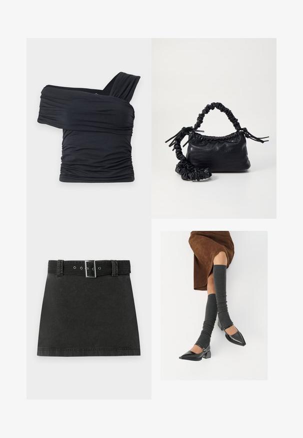 Schwarzes Off-Shoulder-Top aus weichem, elastischem Stoff, mit Rüschendetails und einem breiten Trägerdesign auf einer Seite.; Schwarzer Denim-Minirock mit passendem Gürtel, der eine metallische Schnalle und Gürtelschlaufen aufweist, flach auf einem weißen Hintergrund präsentiert.; Schwarze lacklederne spitze Schuhe mit Blockabsatz und Knöchelriemen, kombiniert mit grauen gerippten Beinstulpen und einem braunen Wildlederrock.; Schwarze Handtasche aus Kunstleder mit Krokodilstruktur, gerafftem oberen Teil und einem geschoppten Tragegurt. Sie wirkt weich und kompakt im Design.