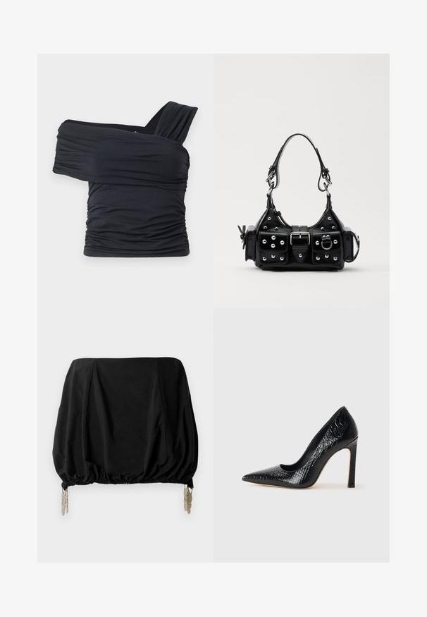 Črna majica brez naramnic, izdelana iz mehkega in raztegljivega materiala, z nabranimi detajli in širokim trakastim dizajnom na eni strani.; Črn skrajšan top z nabranim dizajnom, ki ima elastičen rob in kovinske sponke kot dodatke. Narejen iz lahkega materiala.; Črne čevlje z visoko peto in konico v obliki puščice, z teksturo krokodilje kože, ki se ponašajo s sleek oblikovanjem, visokim stiletto peto in gladkim črnim notranjostjo.; Črna usnjena torbica s ukrivljenim dizajnom, ki vsebuje srebrne žebljičke, zaponko in dve stranski žepki. Nastavljiv trak za različne možnosti nošenja.