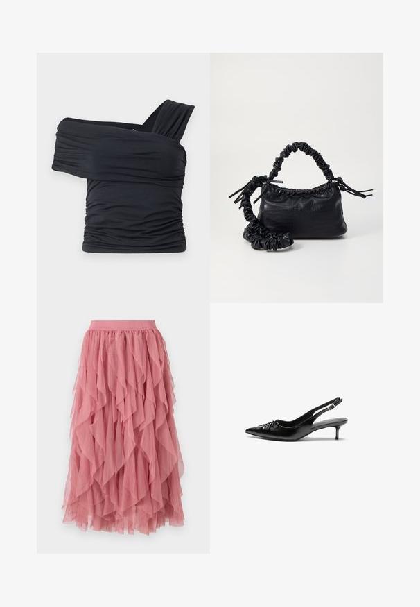 Must mustriba mustreenipee peal pehmed kudumeeliselt ja venivast kangast, omades rikutud detaile ja laia rihma disaini ühel küljel.; Roosa kihiline seelik, mis on valmistatud kergest kangast ja millel on volangiline disain. Omab elastset vööd ja ulatub säärte keskele.; Musthave nahkased kõrged kontsad, millel on terav varvas, väike kitten-kont ja dekoratiivne sõlm ees. Ühtlane sile tekstuur.; Must must sünteetilisest nahast käekott, millel on krokodillimuster, kokku tõmmatav ülaosa ja kortsus rihm. Tundub pehme ja kompaktne disain.