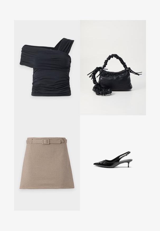 Top preto sem alças feito de um tecido macio e elástico, com detalhes franzidos e um design de alça larga de um lado.; Calças curtas em padrão de houndstooth castanho e bege, com uma cintura com cinto e linhas limpas, estrutura ajustada e textura de tecido suave.; Sapatos de salto alto slingback em couro preto com bico fino, pequeno salto kitten e um detalhe decorativo em forma de nó na parte da frente. Textura suave em toda a parte.; Bolsa de mão em couro sintético preto com textura de crocodilo, topo franzido e alça enrugada. Apresenta um design suave e compacto.