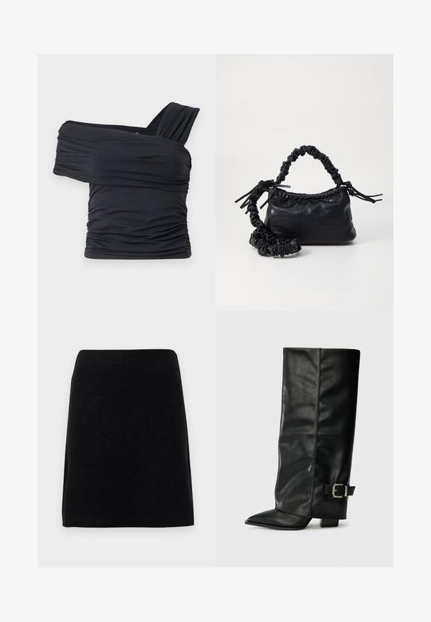 Top negru, cu umeri golași, fabricat dintr-un material moale și elastic, având detalii plissate și un design cu bretele late pe o parte.; Fustă mini neagră dintr-un material moale, cu un croi drept și un tiv fără cusături, fără închideri sau modele vizibile.; Botine din piele neagră, până la gleznă, cu vârf ascuțit, textură netedă și un accent cu cataramă argintie pe lateral. Toc pătrat masiv.; Geantă din faux leather neagră cu textură de crocodil, cu partea superioară strânsă și o curea mototolită. Pare moale și compactă ca design.