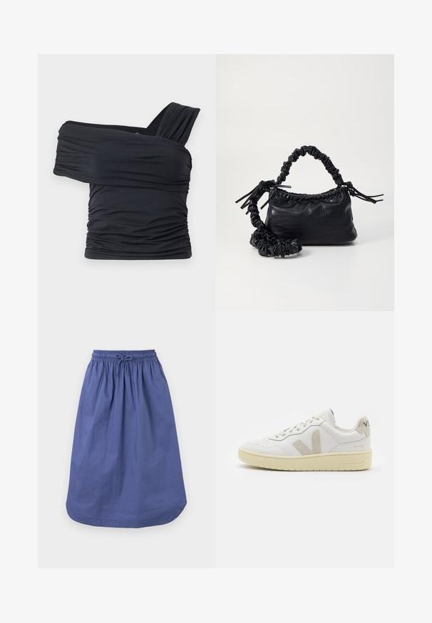 Black off-shoulder top made from soft, stretchy fabric, featuring ruched details and a wide strap design on one side.; Blue cotton skirt with an elastic waistband and drawstring. A-line shape, knee-length, smooth texture, and no patterns or accents.; White leather sneaker with beige suede accents, perforated toe box, flat laces, and a textured cream sole. Features subtle branding on heel.; Black faux leather handbag with a crocodile texture, cinched top, and a scrunched strap. Appears soft and compact in design.