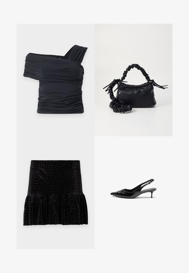Čierny top bez ramienok vyrobený z jemného, elastického materiálu, s nariasenými detailmi a širokým dizajnom ramienka na jednej strane.; Čierna sametová sukňa s volánovým lemom, ozdobená striebornými bodkami. Má priliehavý pás a jemnú textúru.; Čierne kožené slingback podpätky s ostrou špičkou, malým podpatkom a dekoratívnym uzlom vpredu. Hladký povrch po celom obvode.; Čierna umelá kožená kabelka s kroko vzorom, sťahovaným vrchom a zhnutým popruhom. Vyzerá mäkko a kompaktné v dizajne.