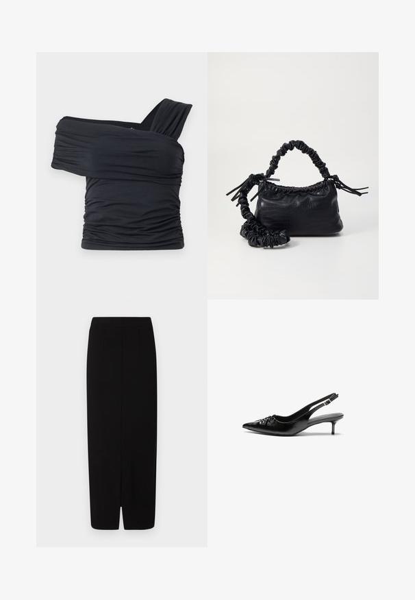 Black off-shoulder top made from soft, stretchy fabric, featuring ruched details and a wide strap design on one side.; Black pencil skirt made of smooth fabric, featuring a high waist, two front pleats, and a slit at the hem for ease of movement.; Black leather slingback heels with a pointed toe, small kitten heel, and a decorative knot detail on the front. Smooth texture throughout.; Black faux leather handbag with a crocodile texture, cinched top, and a scrunched strap. Appears soft and compact in design.