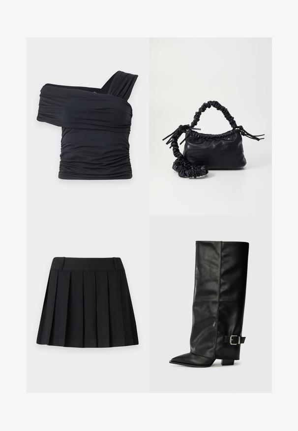 Zwarte off-shoulder top gemaakt van zachte, rekbare stof, met gerimpelde details en een bredere bandontwerp aan één kant.; Zwarte geplooide rok met een op maat gemaakte tailleband, gemaakt van lichte stof. Kenmerkt zich door gelijkmatig verdeelde plooien en een eenvoudig, strak ontwerp.; Zwarte leren enkellange laarzen met een spitse neus, een gladde textuur en een zilveren gesps Accent aan de zijkant. Stevige vierkante hak.; Zwarte nepleer handtas met een krokodillenstructuur, opgedroogde bovenkant en een gekreukte hengsel. Het lijkt zacht en compact van ontwerp.