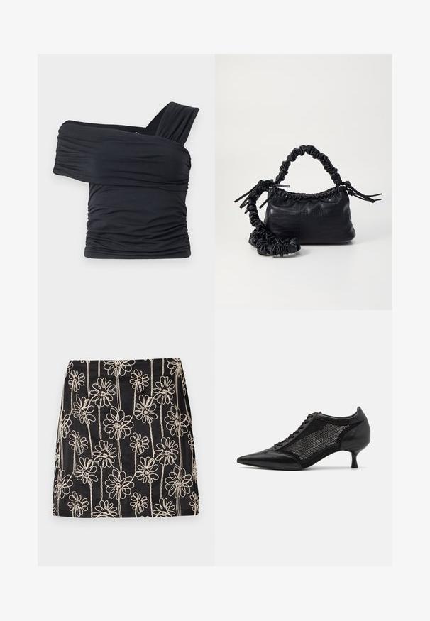 Must mustriba mustreenipee peal pehmed kudumeeliselt ja venivast kangast, omades rikutud detaile ja laia rihma disaini ühel küljel.; Mustaline seelik, millel on valged lillemustrid keerukate joontega. Sile tekstuur ja keha poole ulatuv kuju koos nähtavate õmblusdetailidega.; Mustad mustakottidega jalanõud, millel on võrkpaneeli disain, madala kanna ja nööpidega esiküljel. Valmistatud nahast ja võrkkangast.; Must must sünteetilisest nahast käekott, millel on krokodillimuster, kokku tõmmatav ülaosa ja kortsus rihm. Tundub pehme ja kompaktne disain.