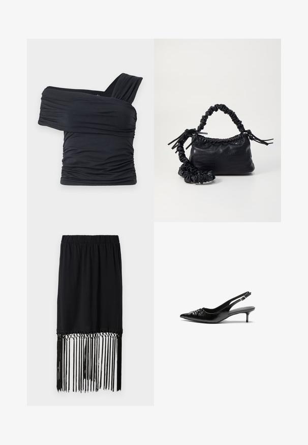 Top negru, cu umeri golași, fabricat dintr-un material moale și elastic, având detalii plissate și un design cu bretele late pe o parte.; Fustă neagră cu talie elastică și margine franjurată. Franjurile sunt realizate din sfori subțiri, adăugând textură și detalii designului.; Pantofi cu toc slingback din piele neagră, cu vârf ascuțit, toc mic tip kitten și detaliu adunat pe partea superioară. Textură netedă și design minimalist.; Geantă din faux leather neagră cu textură de crocodil, cu partea superioară strânsă și o curea mototolită. Pare moale și compactă ca design.