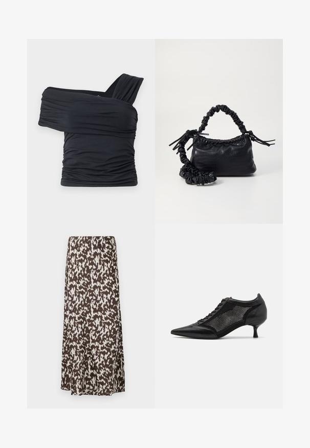 Čierny top bez ramienok vyrobený z jemného, elastického materiálu, s nariasenými detailmi a širokým dizajnom ramienka na jednej strane.; Hnedá sukňa s bielym abstraktným vzorom, so splývavým dizajnom a hladkou textúrou, s dĺžkou po stred členku.; Čierna topánka s ostrou špičkou a sieťovaným panelom, s nízkym opätkom a šnurovaním vpredu. Vyrobená z kombinácie kože a sieťoviny.; Čierna umelá kožená kabelka s kroko vzorom, sťahovaným vrchom a zhnutým popruhom. Vyzerá mäkko a kompaktné v dizajne.