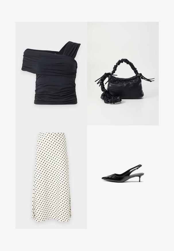 Czarny top bez ramion wykonany z miękkiego, elastycznego materiału, z marszczonymi detalami i szerokim paskiem po jednej stronie.; Spódnica do kolan wykonana z lekkiego materiału, z kremowym tłem i czarnymi kropkami, w rozkloszowanym kroju.; Czarne skórzane szpilki na ramiączku z ostrym noskiem, małym słupkiem i ozdobnym węzłem z przodu. Gładka faktura na całej powierzchni.; Czarna torebka z syntetycznej skóry o teksturze krokodyla, z zaciąganym górnym zamknięciem i marszczonym paskiem. Wygląda na miękką i zwartą w designie.