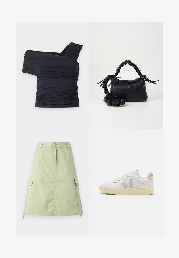 Must mustriba mustreenipee peal pehmed kudumeeliselt ja venivast kangast, omades rikutud detaile ja laia rihma disaini ühel küljel.; Hele roheline puuvillane põlvikute seelik kahe külgmise cargo-taskuga, nupuga sulgemine ja lõdva sirge lõikega. Üksik tekstuur.; Valge nahast tenniseking, millel on beežist siidist aktsent ja aukudega varvas, lame paelad ja tekstureeritud koorevärvi tallad. Omab nüansirikast brändimist kannal.; Must must sünteetilisest nahast käekott, millel on krokodillimuster, kokku tõmmatav ülaosa ja kortsus rihm. Tundub pehme ja kompaktne disain.