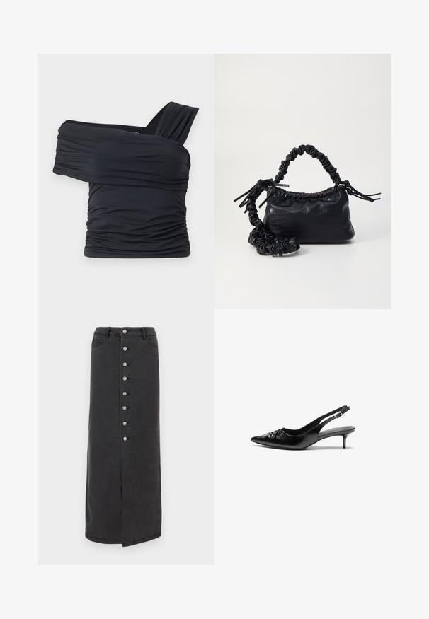 Crna bluzica bez naramenica napravljena od mekog, rastezljivog materijala, sa nabranim detaljima i širokim remenom s jedne strane.; Duga crna traper suknja s prednjim kopčanjem na dugmadi, petljama za remen i bočnim džepovima. Glatka tekstura s ravnim siluetom i blagim prorezom.; Crne kožne sandale na petu s remenom oko pete, špicastim vrhom, niskom petom u stilu kitten i naboranim detaljem na gornjem dijelu. Glatka tekstura i minimalistički dizajn.; Crna torba od umjetne kože s teksturom krokodila, s cinčanim vrhom i naboranom trakom. Izgleda mekano i kompaktno u dizajnu.