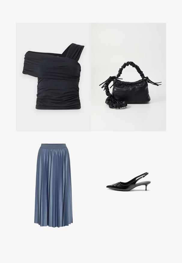 Fekete, vállnélküli felső, puha, rugalmas anyagból, fodros részletekkel és egyoldali széles pánttal.; Ráncsozott maxi szoknya halványkék színben, fényes anyagból készült, rugalmas derékkal és lebegő dizájnnal, amely a vádli közepéig ér.; Fekete bőrből készült, pántos magassarkú cipő hegyes orral, alacsony cicás sarokkal, és fodros részlettel a lábfején. Simább felület és minimalista design.; Fekete műbőr kézi táska krokodil bőr textúrával, összehúzható tetejű és gyűrt pánttal. Lágy és kompakt dizájnúnak tűnik.
