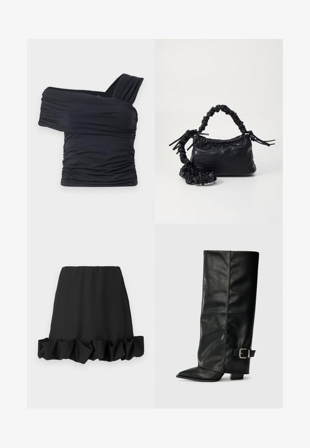 Fekete, vállnélküli felső, puha, rugalmas anyagból, fodros részletekkel és egyoldali széles pánttal.; Fekete szoknya fodros szegéllyel, könnyű anyagból készült. Rugalmas derékrésze kényelmes illeszkedést biztosít. Egyszerű és sokoldalú dizájn.; Fekete bőr bokáig érő csizmák hegyes orral, sima felülettel és ezüst csattal az oldalon. Tömbös négyzet alakú sarok.; Fekete műbőr kézi táska krokodil bőr textúrával, összehúzható tetejű és gyűrt pánttal. Lágy és kompakt dizájnúnak tűnik.