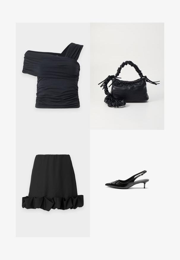 Top preto sem alças feito de um tecido macio e elástico, com detalhes franzidos e um design de alça larga de um lado.; Saia preta com uma bainha franzida, feita de tecido leve. Apresenta um cós elástico para um ajuste confortável. Design simples e versátil.; Sapatos de salto alto slingback em couro preto com bico fino, pequeno salto kitten e um detalhe decorativo em forma de nó na parte da frente. Textura suave em toda a parte.; Bolsa de mão em couro sintético preto com textura de crocodilo, topo franzido e alça enrugada. Apresenta um design suave e compacto.
