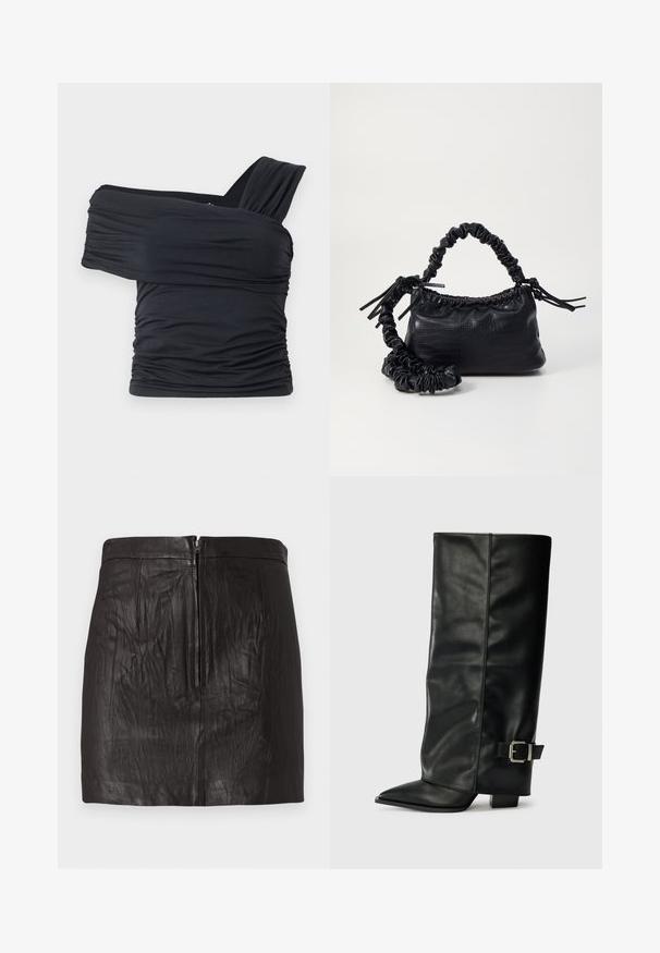 Fekete, vállnélküli felső, puha, rugalmas anyagból, fodros részletekkel és egyoldali széles pánttal.; Fekete bőrnadrág mini szoknya elülső cipzárral és finom függőleges varrásokkal egy sima háttér előtt.; Fekete bőr bokáig érő csizmák hegyes orral, sima felülettel és ezüst csattal az oldalon. Tömbös négyzet alakú sarok.; Fekete műbőr kézi táska krokodil bőr textúrával, összehúzható tetejű és gyűrt pánttal. Lágy és kompakt dizájnúnak tűnik.