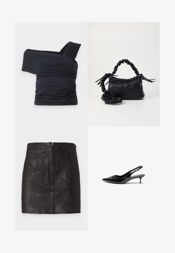 Črna majica brez naramnic, izdelana iz mehkega in raztegljivega materiala, z nabranimi detajli in širokim trakastim dizajnom na eni strani.; Črno usnjeno mini krilo s sprednjim zadrgo in subtilnimi navpičnimi šivi na enobarvni podlagi.; Črne usnjene slingback pete z izostrenim nosom, majhno mačje peto in okrasno vozličasto podrobnostjo na sprednjem delu. Gladka tekstura po celotni površini.; Črna torbica iz umetnega usnja s krokodilovo teksturo, z zvitim vrhom in zmečkano naramico. Zdi se mehka in kompaktna v oblikovanju.