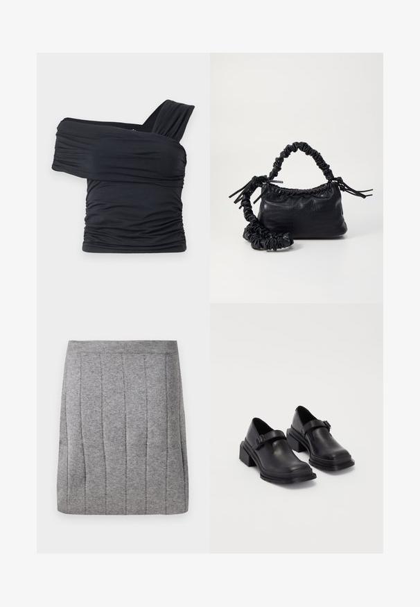 Schwarzes Off-Shoulder-Top aus weichem, elastischem Stoff, mit Rüschendetails und einem breiten Trägerdesign auf einer Seite.; Object OBJTHESS - Minirock - medium grey; Schwarze Lederhalbschuhe mit runder Zehenpartie, flacher Sohle und einem Riemen mit Schnallen-Detail. Robuster Blockabsatz für zusätzliche Stabilität.; Schwarze Handtasche aus Kunstleder mit Krokodilstruktur, gerafftem oberen Teil und einem geschoppten Tragegurt. Sie wirkt weich und kompakt im Design.