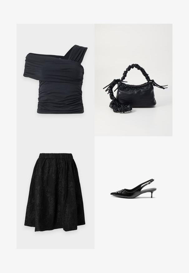 Juodas viršus be petnešų, pagamintas iš minkšto, elastingo audinio, su raukšlėtomis detalėmis ir plačios petnešos dizainu vienoje pusėje.; Juoda sijonas su elastinga juosmeniu, puošiamas tekstūruotais gėlių raštais. Medžiaga atrodo lengva ir šiek tiek raukšlėta.; Juodos odinės slingback aukštakulniai su smailiu nosiu, mažais katės kulnais ir dekoratyvine mazgo detale priekyje. Visas paviršius lygus.; Juodas dirbtinės odos rankinė su krokodilo tekstūra, sušnibždinta viršuje ir susikraipytu dirželiu. Atrodo minkšta ir kompaktiška.