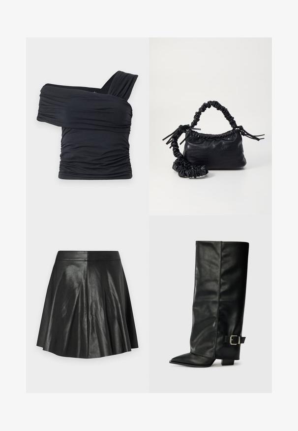 Schwarzes Off-Shoulder-Top aus weichem, elastischem Stoff, mit Rüschendetails und einem breiten Trägerdesign auf einer Seite.; Schwarzer ausgestellter Rock aus Kunstleder mit Nahtdetails und einem taillierten Bund auf einem schlichten hellen Hintergrund.; Schwarze Lederstiefeletten in Knöchellänge mit spitzem Zehenbereich, glatter Oberfläche und silberner Schnallenakzent an der Seite. Massiver, quadratischer Absatz.; Schwarze Handtasche aus Kunstleder mit Krokodilstruktur, gerafftem oberen Teil und einem geschoppten Tragegurt. Sie wirkt weich und kompakt im Design.