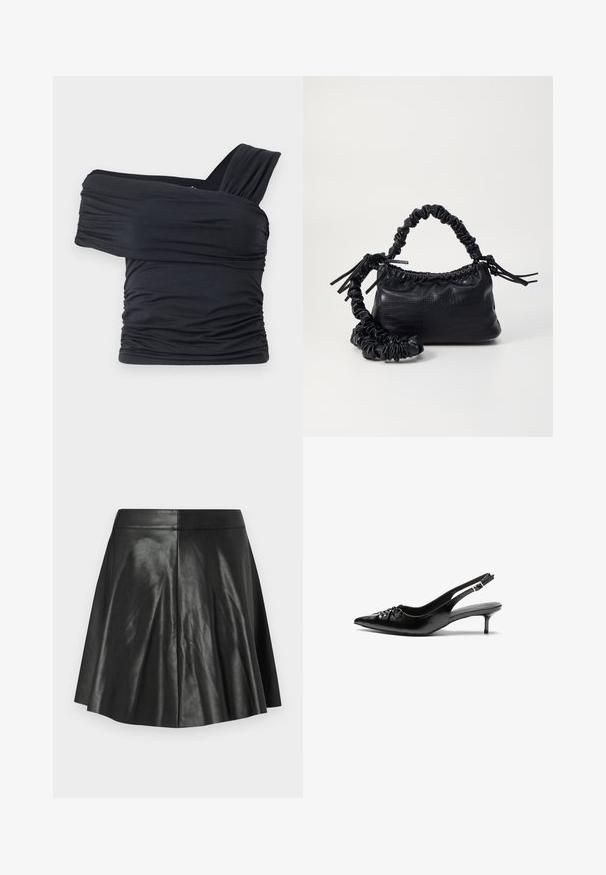 Black off-shoulder top made from soft, stretchy fabric, featuring ruched details and a wide strap design on one side.; Black flared faux leather skirt with panel stitching and a fitted waistband on a plain light background.; Black leather slingback heels with a pointed toe, small kitten heel, and a decorative knot detail on the front. Smooth texture throughout.; Black faux leather handbag with a crocodile texture, cinched top, and a scrunched strap. Appears soft and compact in design.
