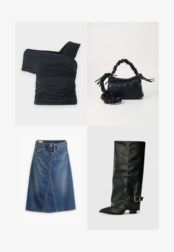 Melna off-shoulder gapģē jeb topiņš, kas izgatavots no mīksta, elastīga auduma, ar ručām un plašo siksnu dizainu vienā pusē.; Denim svārki vidējā mazgāšanas zilā krāsā ar A-formas siluetu, priekšējo šķēlumu, piecām kabatām un pogu aizdari jostasvietā.; Melni ādas potītes zābaki ar asu purngalu, gludu virsmu un sudraba sprādzi uz sāniem. Masīvs kvadrātveida papēdis.; Melnā mākslīgās ādas rokassoma ar krokodila rakstu, savilkta augšdaļa un saburzīta siksna. Izskatās mīksta un kompakta pēc dizaina.