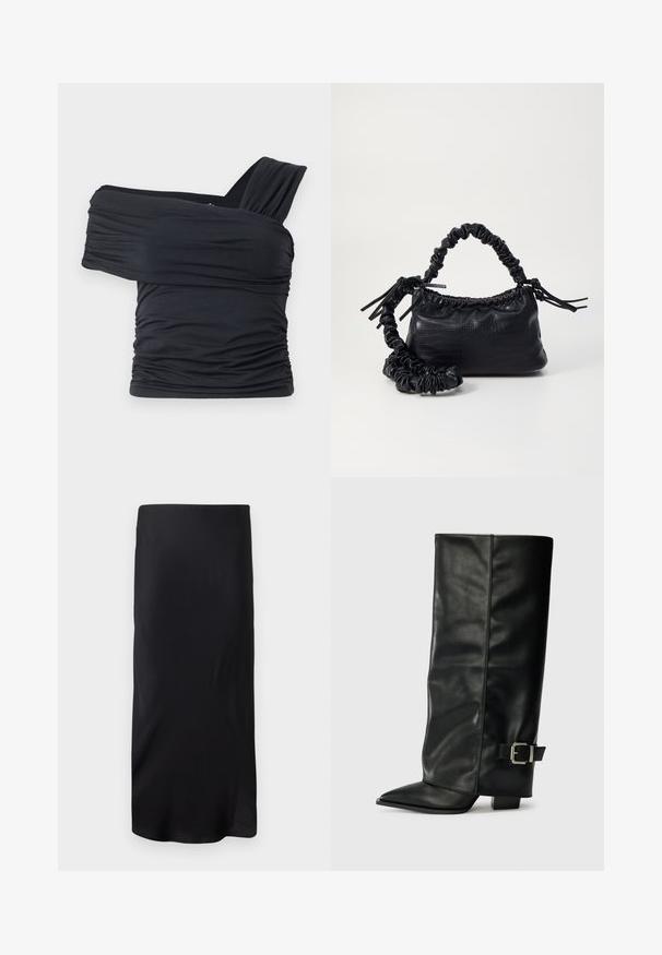 Schwarzes Off-Shoulder-Top aus weichem, elastischem Stoff, mit Rüschendetails und einem breiten Trägerdesign auf einer Seite.; Schwarzer, ärmelloser Midirock aus glattem Stoff. Hat eine gerade, verlängerte Form ohne Muster oder Akzente. Einfaches und minimalistisches Design.; Schwarze Lederstiefeletten in Knöchellänge mit spitzem Zehenbereich, glatter Oberfläche und silberner Schnallenakzent an der Seite. Massiver, quadratischer Absatz.; Schwarze Handtasche aus Kunstleder mit Krokodilstruktur, gerafftem oberen Teil und einem geschoppten Tragegurt. Sie wirkt weich und kompakt im Design.