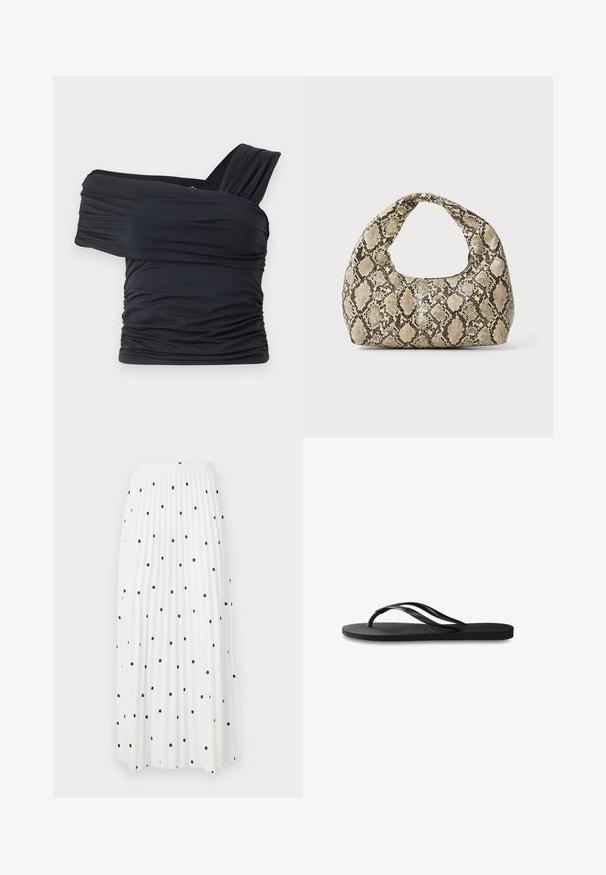 Čierny top bez ramienok vyrobený z jemného, elastického materiálu, s nariasenými detailmi a širokým dizajnom ramienka na jednej strane.; Biela plisovaná maxi sukňa s čiernymi bodkami po celom povrchu, so hladkým pásom a voľnou tkaninou pre ľahký pohyb.; Čierne žabky s textúrovanou gumovou podrážkou, dvoma štíhlymi popruhmi a diskrétnym embosovaným logom na popruhu.; Kabelka s hadím vzorom a zakriveným rukoväťou. Vyrobená z textúrovaných béžových a hnedých materiálov, s charakteristickým diamantovým vzorom.