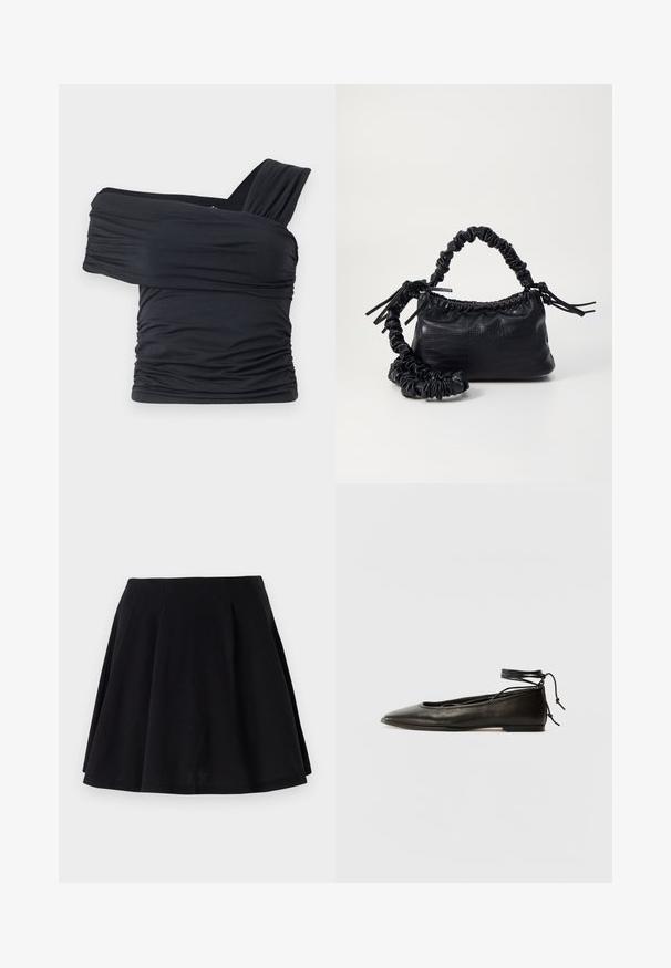 Črna majica brez naramnic, izdelana iz mehkega in raztegljivega materiala, z nabranimi detajli in širokim trakastim dizajnom na eni strani.; Črna bombažna krila s flared silhueto, ki ima naborke ob pasu in gladko teksturo. Primerna za vsakodnevno nošenje.; Črne usnjene baletne čevlje s koničastim nosom, vezi okrog gležnja in ravnim podplatom, ki se ponašajo z gladko teksturo in minimalističnim dizajnom.; Črna torbica iz umetnega usnja s krokodilovo teksturo, z zvitim vrhom in zmečkano naramico. Zdi se mehka in kompaktna v oblikovanju.