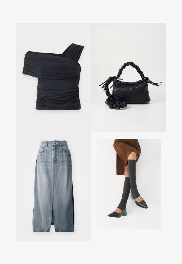 Crna bluzica bez naramenica napravljena od mekog, rastezljivog materijala, sa nabranim detaljima i širokim remenom s jedne strane.; Traper suknja u svijetlo plavoj boji s prednjim izrezom, dva džepa i logotipom. Ima visoki struk i ravni kroj, izrađena je od izdržljivog materijala.; Crne lakirane cipele s šiljastim prstima, blok-petom i remenom oko gležnja, uparene s sivim rebrastim čarapama do koljena i smešnom suknjom od antilopa.; Crna torba od umjetne kože s teksturom krokodila, s cinčanim vrhom i naboranom trakom. Izgleda mekano i kompaktno u dizajnu.