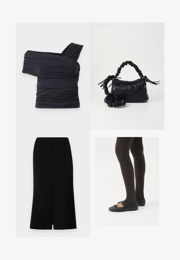 Top noir à épaules dénudées en tissu doux et extensible, présentant des détails froncés et une conception de large bretelle d'un côté.; Jupe noire mi-longue avec une silhouette droite, présentant une fente sur le devant, une texture lisse et une taille cintrée.; Chaussures plates noires avec un petit nœud au niveau des orteils, associées à des collants côtelés marron foncé. Les chaussures ont une texture lisse et un profil bas.; Sac à main en simili cuir noir avec une texture crocodile, un dessus resserré et une sangle froncée. A l'apparence douce et compacte.