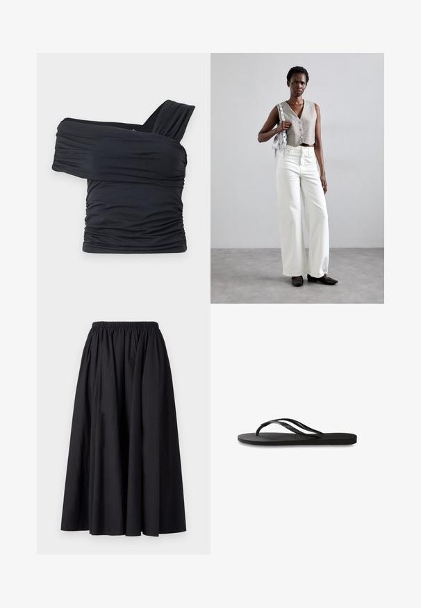 Zwarte off-shoulder top gemaakt van zachte, rekbare stof, met gerimpelde details en een bredere bandontwerp aan één kant.; Zwarte, lange, elastische taille rok van een soepele stof met een volle, vloeiende silhouet. Geen patronen of hardware zichtbaar.; Zwarte flip-flop met een gestructureerde rubberen zool, twee slanke banden en een subtiele, ingedrukte logo-detail op de band.; Grijs gecropped vest met knopen, gecombineerd met witte wijde jeans en zwarte platte schoenen. Geaccentueerd met een kleine zilveren franjen tas.
