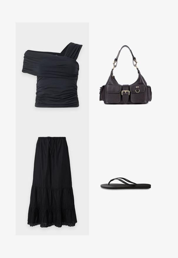Top nero senza spalline realizzato in tessuto morbido e elasticizzato, con dettagli arricciati e un design con fascia larga su un lato.; Gonna nera a strati realizzata in tessuto leggero, caratterizzata da una vita con coulisse, dettagli ricamati in fondo e una silhouette fluida.; Infradito neri con suola in gomma testurizzata, due cinghie sottili e un sottile dettaglio del logo impresso sulla cinghia.; Borsa a mano in pelle scura con due tasche frontali, una fibbia centrale e hardware in tono oro. Texture liscia con una silhouette curva.