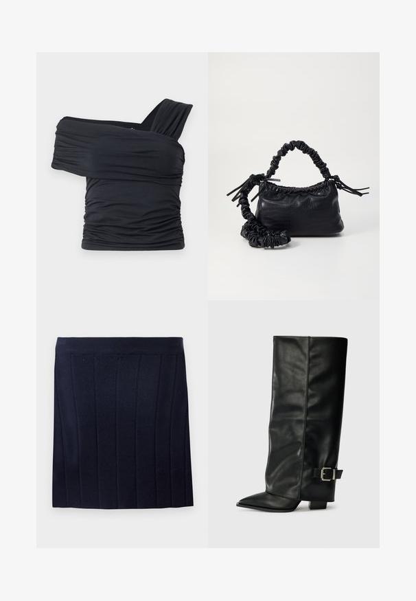 Črna majica brez naramnic, izdelana iz mehkega in raztegljivega materiala, z nabranimi detajli in širokim trakastim dizajnom na eni strani.; Object OBJTHESS - Mini krilo - sky captain; Črne usnjene gležnjarje do gležnjev z ostrim nosom, gladko teksturo in srebrnim sponko akcentom na strani. Debel kvadratni peti.; Črna torbica iz umetnega usnja s krokodilovo teksturo, z zvitim vrhom in zmečkano naramico. Zdi se mehka in kompaktna v oblikovanju.