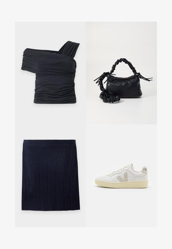 Top noir à épaules dénudées en tissu doux et extensible, présentant des détails froncés et une conception de large bretelle d'un côté.; Object OBJTHESS - Minijupe - sky captain; Baskets blanches en cuir avec des accents en daim beige, boîte à orteils perforée, lacets plats et semelle texturée crème. Présente un logo discret au talon.; Sac à main en simili cuir noir avec une texture crocodile, un dessus resserré et une sangle froncée. A l'apparence douce et compacte.