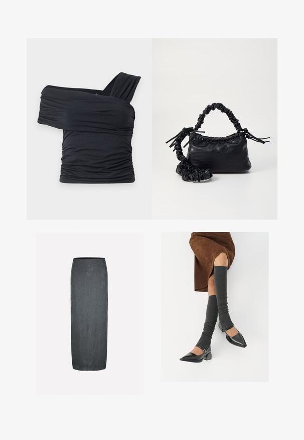Musta olkaimeton toppi, joka on valmistettu pehmeästä ja venyvästä kankaasta, jossa on rypytysdetaljeja ja leveä olkaintyyli yhdellä puolella.; Tumma harmaa midimittainen hame, jossa on sileä pinta ja kukkakuviollinen kohokuvio. Hameessa on istuva, korkea vyötärö ja yksinkertainen, tyylikäs siluetti.; Musta lakattu nahkakengät teräväkärkisillä, leveällä kantapäällä ja nilkkahihnalla, yhdistettynä harmaisiin ribattuihin säärystimiin ja ruskeaan mokkasiinimekkoon.; Must-have mustekahvi nahkalaukku krokotiiliaistalla, kiristetty yläosa ja rypistetty hihna. Näyttää pehmeältä ja kompaktilta muotoilultaan.