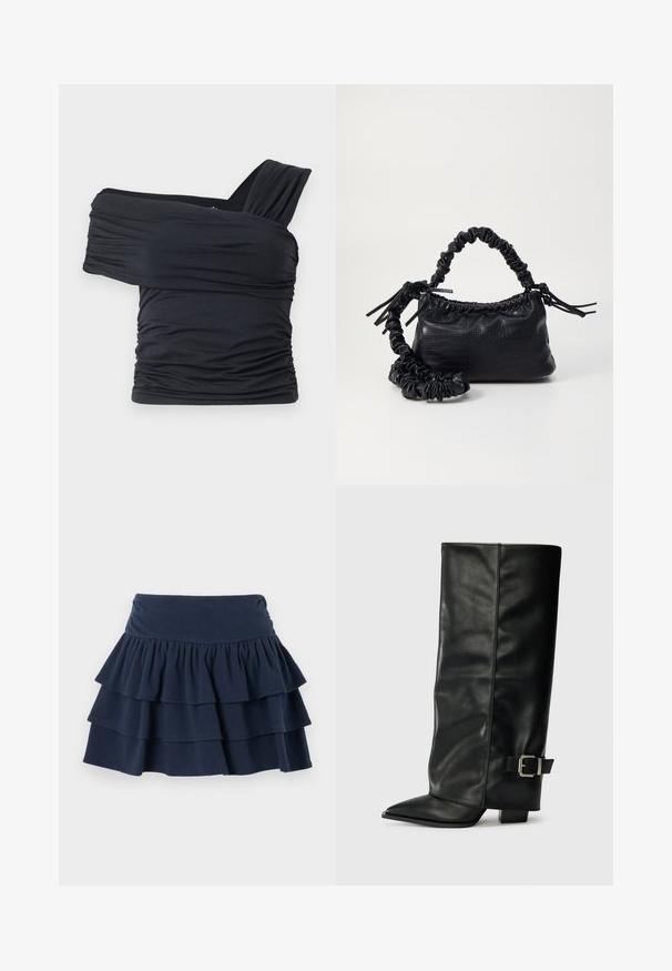 Črna majica brez naramnic, izdelana iz mehkega in raztegljivega materiala, z nabranimi detajli in širokim trakastim dizajnom na eni strani.; Hollister Co. MAY RUFFLE - Kratke hlače - dark blue; Črne usnjene gležnjarje do gležnjev z ostrim nosom, gladko teksturo in srebrnim sponko akcentom na strani. Debel kvadratni peti.; Črna torbica iz umetnega usnja s krokodilovo teksturo, z zvitim vrhom in zmečkano naramico. Zdi se mehka in kompaktna v oblikovanju.