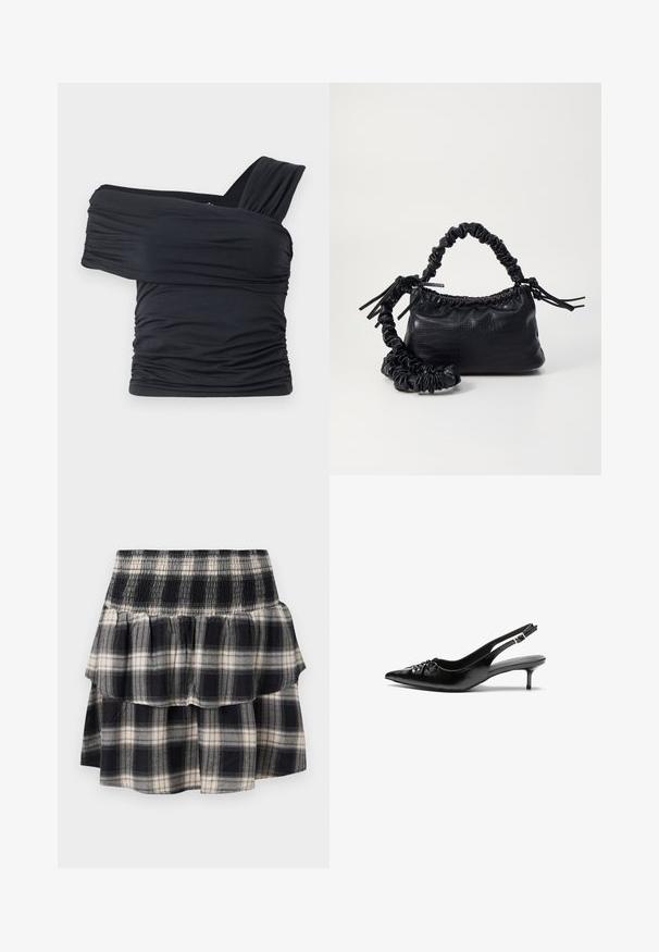 Juodas viršus be petnešų, pagamintas iš minkšto, elastingo audinio, su raukšlėtomis detalėmis ir plačios petnešos dizainu vienoje pusėje.; Juoda ir balta langelių rašto sluoksniuota sijonė su elastine juosmena. Pasižymi raukšlėmis ir minkšta medvilnės tekstūra.; Juodos odinės slingback aukštakulniai su smailiu nosiu, mažais katės kulnais ir dekoratyvine mazgo detale priekyje. Visas paviršius lygus.; Juodas dirbtinės odos rankinė su krokodilo tekstūra, sušnibždinta viršuje ir susikraipytu dirželiu. Atrodo minkšta ir kompaktiška.