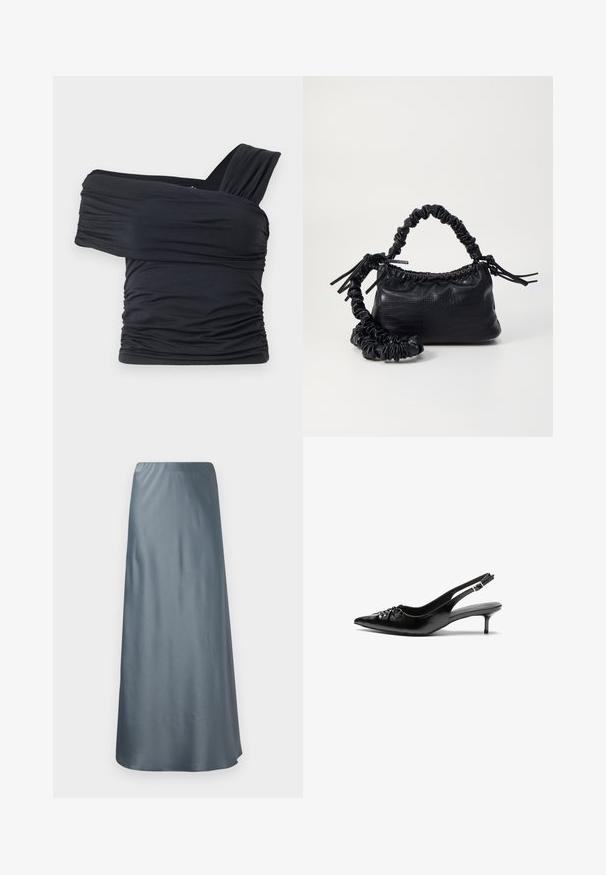 Juodas viršus be petnešų, pagamintas iš minkšto, elastingo audinio, su raukšlėtomis detalėmis ir plačios petnešos dizainu vienoje pusėje.; Ilgas, A formos sijonas iš minkštos satino pilkos spalvos medžiagos. Sijonas turi elastingą liemens juostą ir lygų, tekančios tekstūros paviršių be matomų raštų.; Juodi odiniai aukštakulniai su dirželiais, smailia nosimi, žemu katinėlio kulniuku ir susitraukiančia detale ant bato viršaus. Lygi tekstūra ir minimalistinis dizainas.; Juodas dirbtinės odos rankinė su krokodilo tekstūra, sušnibždinta viršuje ir susikraipytu dirželiu. Atrodo minkšta ir kompaktiška.