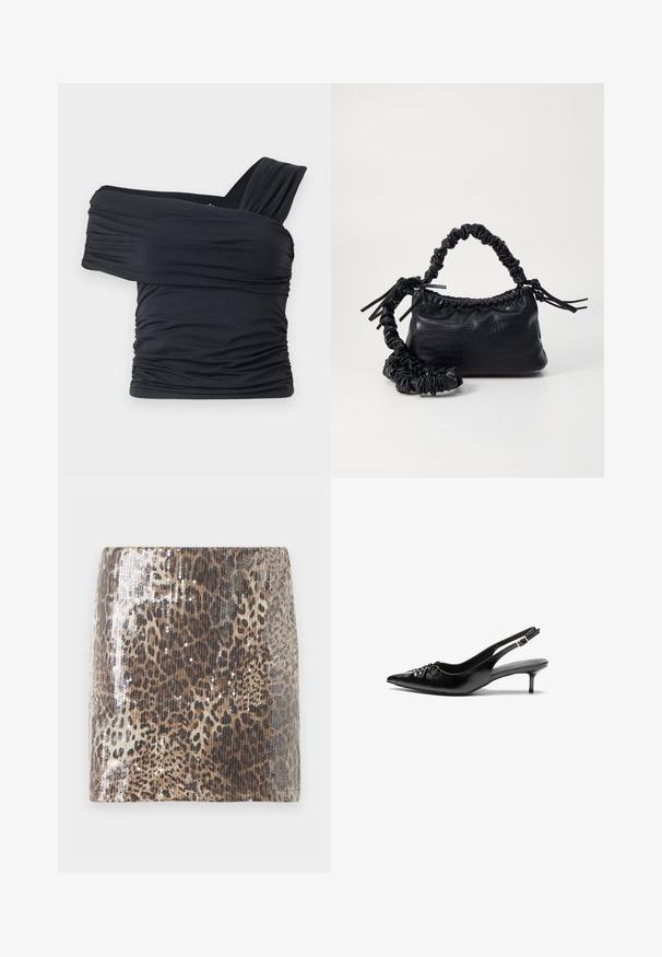 Black off-shoulder top made from soft, stretchy fabric, featuring ruched details and a wide strap design on one side.; Leopard-print mini skirt made from textured fabric, featuring silver sequins that enhance the animal pattern, with a fitted silhouette.; Black leather slingback heels with a pointed toe, low kitten heel, and gathered detail on the vamp. Smooth texture and minimalist design.; Black faux leather handbag with a crocodile texture, cinched top, and a scrunched strap. Appears soft and compact in design.