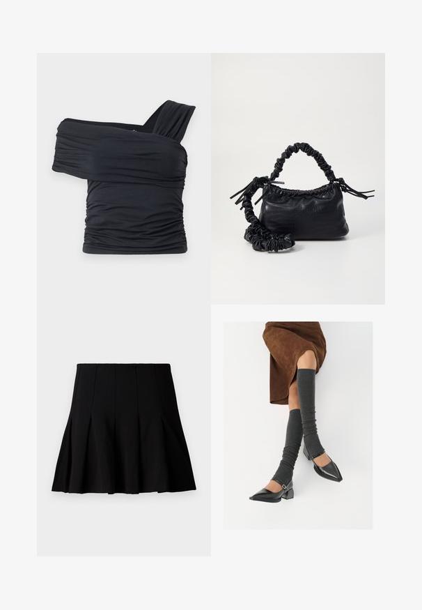 Čierny top bez ramienok vyrobený z jemného, elastického materiálu, s nariasenými detailmi a širokým dizajnom ramienka na jednej strane.; Čierna krátka plisovaná sukňa vyrobená z hladkej látky. Má elastický pás a rozšírený strih, ktorý siaha do polovice stehna.; Čierne lakované kožené topánky s špicatou špičkou, blokovým podpätkom a členkovým remienkom, ktoré sú kombinované so šedými rebrovanými legínami a hnedou zamšovou sukňou.; Čierna umelá kožená kabelka s kroko vzorom, sťahovaným vrchom a zhnutým popruhom. Vyzerá mäkko a kompaktné v dizajne.