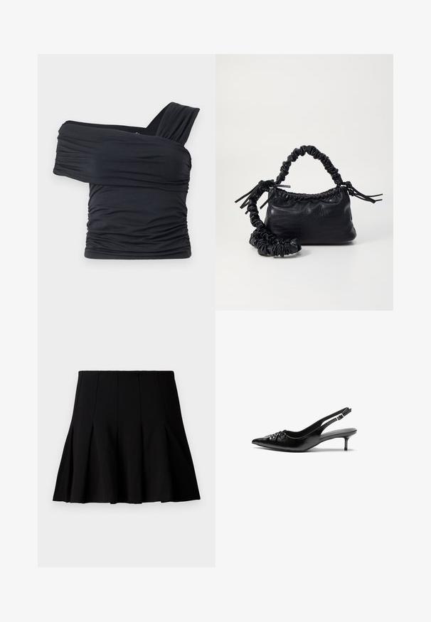 Musta olkaimeton toppi, joka on valmistettu pehmeästä ja venyvästä kankaasta, jossa on rypytysdetaljeja ja leveä olkaintyyli yhdellä puolella.; Mustat lyhyet laskostetut hameet, jotka on valmistettu sileästä kankaasta. Varustettu joustovetoketjulla ja levenevällä siluetilla, joka ulottuu puoleen reiteen.; Mustat nahkaiset slingback-korkokengät, joissa on terävä kärki, pieni kitten-korko ja koristeellinen solki edessä. Yksinkertainen pinta kauttaaltaan.; Must-have mustekahvi nahkalaukku krokotiiliaistalla, kiristetty yläosa ja rypistetty hihna. Näyttää pehmeältä ja kompaktilta muotoilultaan.