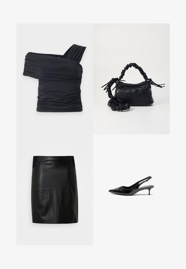 Top negru, cu umeri golași, fabricat dintr-un material moale și elastic, având detalii plissate și un design cu bretele late pe o parte.; Fustă mini din piele neagră cu o textură netedă, având un design ajustat și un șnur elastic la talie, oferind un aspect elegant și modern.; Cizme slingback din piele neagră, cu vârf ascuțit, toc mic de tip kitten heel și un detaliu decorativ sub formă de nod în față. Textură netedă pe întreaga suprafață.; Geantă din faux leather neagră cu textură de crocodil, cu partea superioară strânsă și o curea mototolită. Pare moale și compactă ca design.