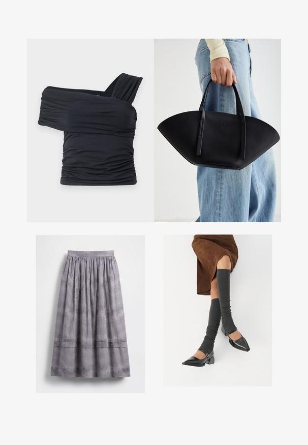 Top noir à épaules dénudées en tissu doux et extensible, présentant des détails froncés et une conception de large bretelle d'un côté.; Jupe midi à carreaux noirs et blancs, dotée d'une ceinture élastique, d'une texture froncée, et de détails de coutures apparentes le long de l'ourlet.; Chaussures à bout pointu en cuir verni noir avec un talon bloc et une bride à la cheville, accompagnées de jambières en maille grise et d'une jupe en daim marron.; Sac à main en cuir noir avec une forme de éventail unique, doté de poignées plates. La surface présente une texture granuleuse et un design minimaliste.