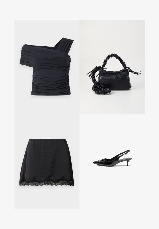 Black off-shoulder top made from soft, stretchy fabric, featuring ruched details and a wide strap design on one side.; Black satin mini skirt with a straight cut, featuring a scalloped lace trim at the hem, smooth texture, and elastic waistband.; Black leather slingback heels with a pointed toe, low kitten heel, and gathered detail on the vamp. Smooth texture and minimalist design.; Black faux leather handbag with a crocodile texture, cinched top, and a scrunched strap. Appears soft and compact in design.