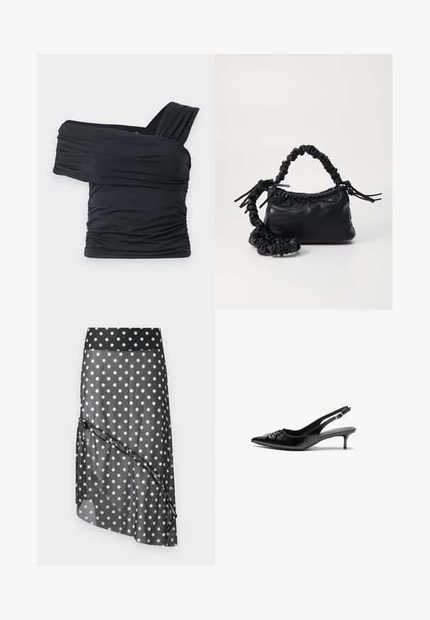 Juodas viršus be petnešų, pagamintas iš minkšto, elastingo audinio, su raukšlėtomis detalėmis ir plačios petnešos dizainu vienoje pusėje.; Juoda su baltomis taškeliais sijonas su skaidriu uždengimu, turintis platų juosmenį ir sluoksniuotą, asimetrišką dizainą. Sklandus paviršius ir lengvas audinys.; Juodos odinės slingback aukštakulniai su smailiu nosiu, mažais katės kulnais ir dekoratyvine mazgo detale priekyje. Visas paviršius lygus.; Juodas dirbtinės odos rankinė su krokodilo tekstūra, sušnibždinta viršuje ir susikraipytu dirželiu. Atrodo minkšta ir kompaktiška.