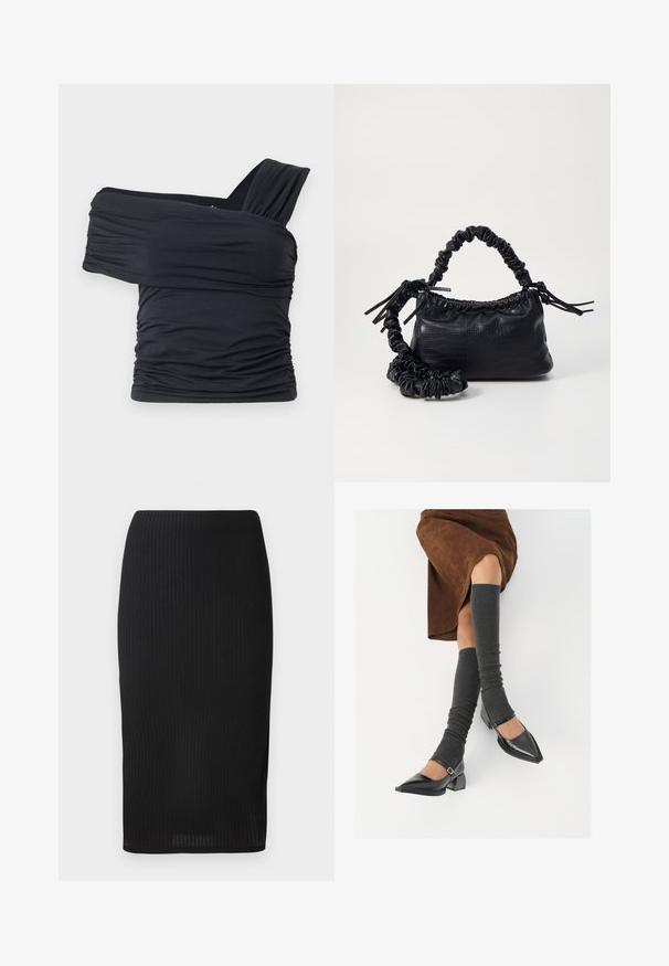 Must mustriba mustreenipee peal pehmed kudumeeliselt ja venivast kangast, omades rikutud detaile ja laia rihma disaini ühel küljel.; Must have mustris ribaneh ajali seel, mis ees ju ekkspluce temger. Simple tükk vöib lainluete.; Mustad patsaline odav värviga kingad, millel on kreen ja pahkluuring, on paaritatud hallide ribakudumitega sääremiidega ja pruunist nahast seelikuga.; Must must sünteetilisest nahast käekott, millel on krokodillimuster, kokku tõmmatav ülaosa ja kortsus rihm. Tundub pehme ja kompaktne disain.