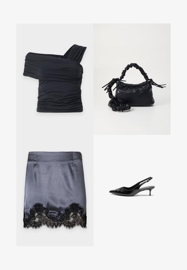 Top negru, cu umeri golași, fabricat dintr-un material moale și elastic, având detalii plissate și un design cu bretele late pe o parte.; Fustă mini din satin gri, cu tiv din dantelă neagră cu modele florale. Textură fină, croială mulată și cusături curate.; Cizme slingback din piele neagră, cu vârf ascuțit, toc mic de tip kitten heel și un detaliu decorativ sub formă de nod în față. Textură netedă pe întreaga suprafață.; Geantă din faux leather neagră cu textură de crocodil, cu partea superioară strânsă și o curea mototolită. Pare moale și compactă ca design.