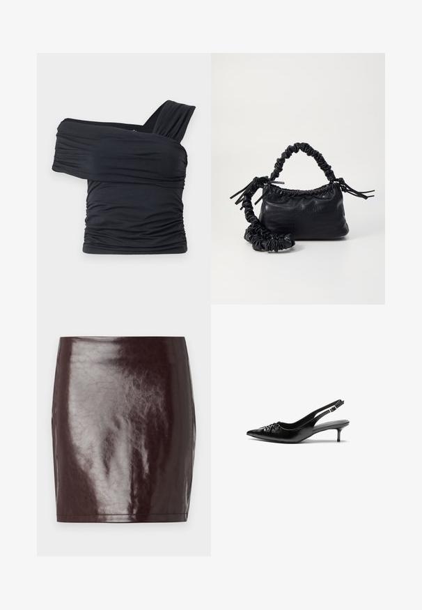 Melna off-shoulder gapģē jeb topiņš, kas izgatavots no mīksta, elastīga auduma, ar ručām un plašo siksnu dizainu vienā pusē.; Burgundijas mākslīgās ādas mini svārki ar gludu, spīdīgu tekstūru un pieguļošu siluetu. Iezīmētas tīras līnijas un taisna apakšmalu.; Melni ādas sandales ar norādītu pirkstu, mazu kaķa papēdi un dekoratīvu mezglu detaļu priekšā. Gluda tekstūra visā virsmā.; Melnā mākslīgās ādas rokassoma ar krokodila rakstu, savilkta augšdaļa un saburzīta siksna. Izskatās mīksta un kompakta pēc dizaina.